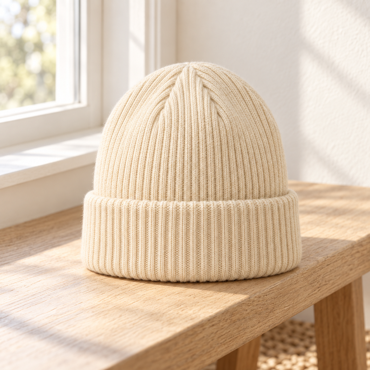 Sineiva Cream White Ribbed Knit Beanie Hat