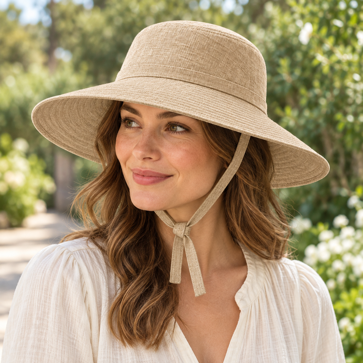 Sineiva Beige Wide Brim Tie Strap Sun Hat