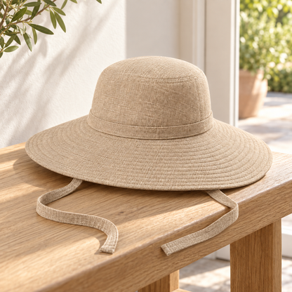 Sineiva Beige Wide Brim Tie Strap Sun Hat