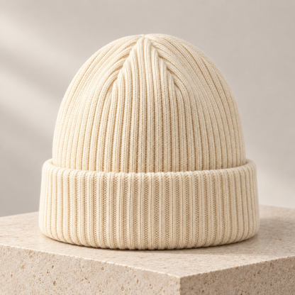 Sineiva Cream White Ribbed Knit Beanie Hat