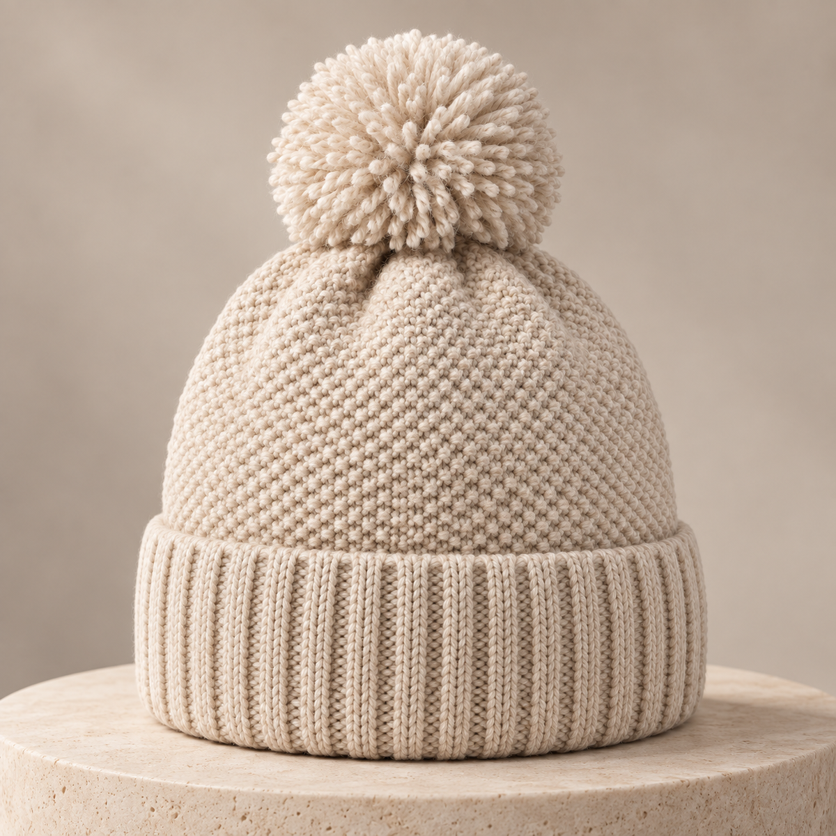 Sineiva Cream Knit Pom-Pom Beanie