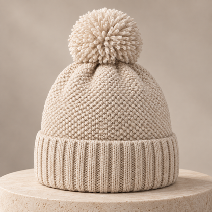 Sineiva Cream Knit Pom-Pom Beanie