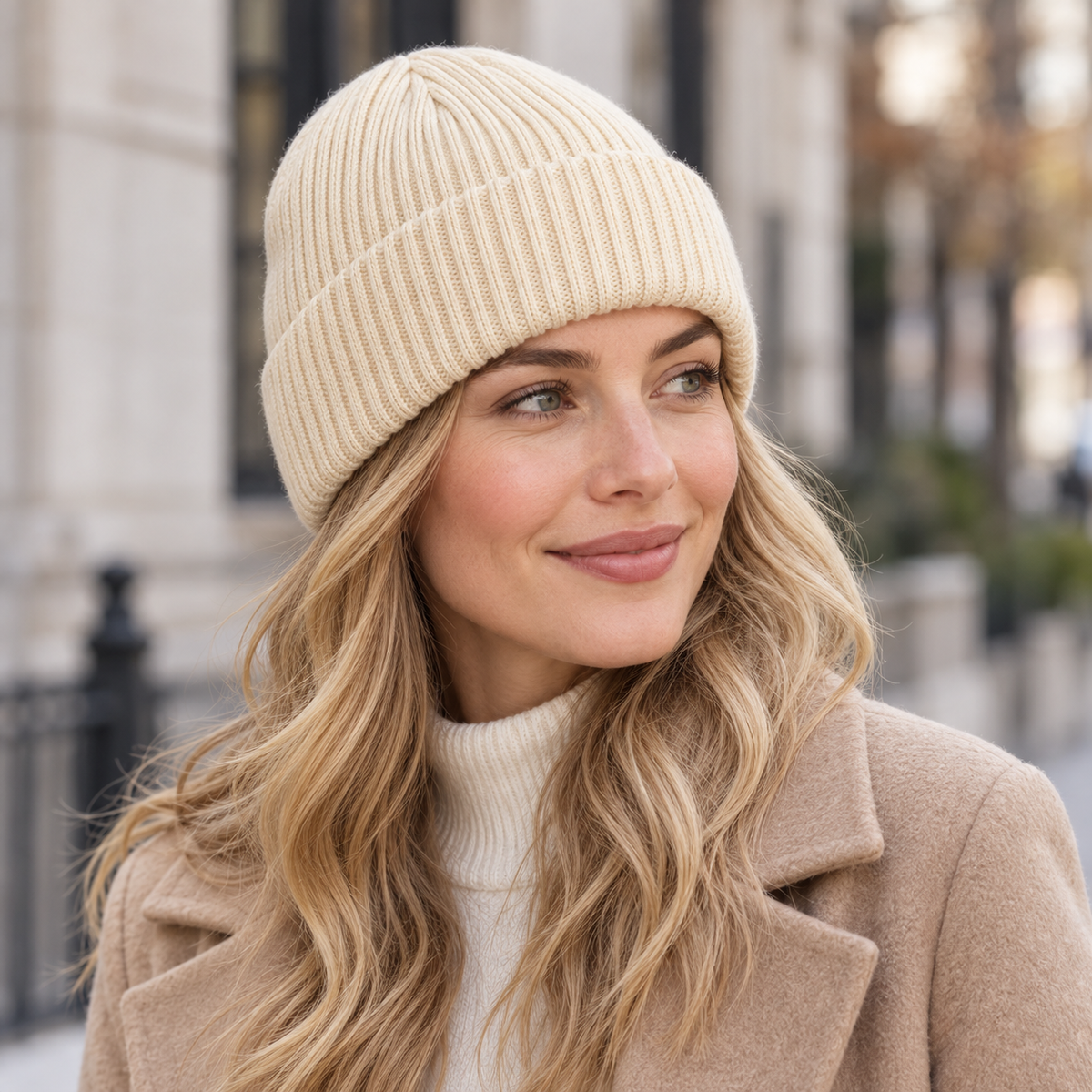 Sineiva Cream White Ribbed Knit Beanie Hat