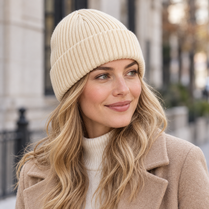 Sineiva Cream White Ribbed Knit Beanie Hat