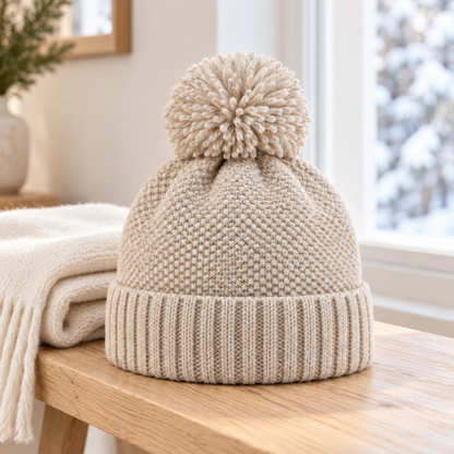 Sineiva Cream Knit Pom-Pom Beanie