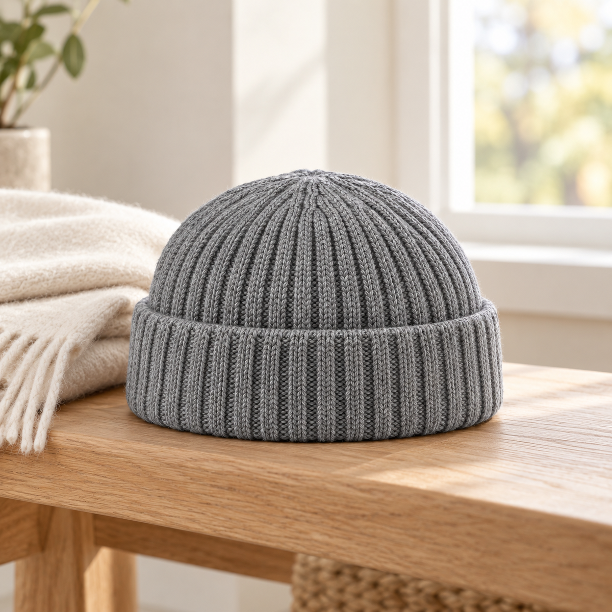 Sineiva Gray Ribbed Knit Beanie Hat