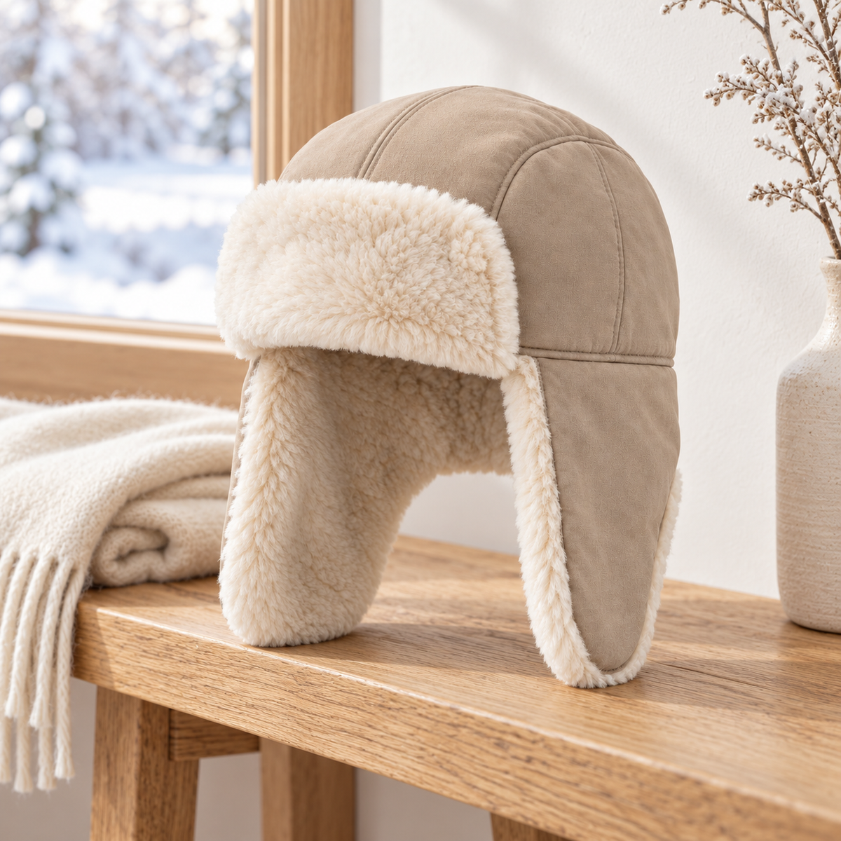 Sineiva Beige Faux Suede Winter Trapper Hat